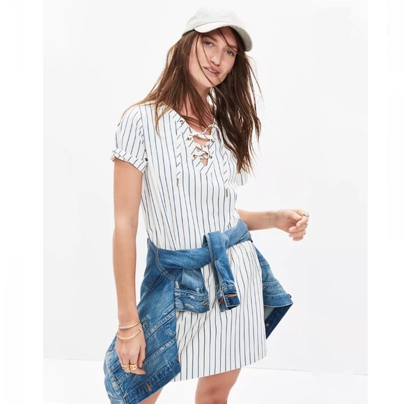Madewell Harbor Lace-Up Striped Shift Dress Size S - Picture 3 of 9
